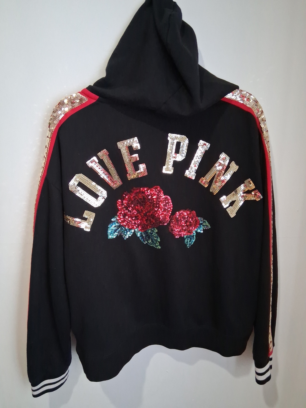 Victoria Secret Pink Black Hoodie W/ Rose Sequins- Large